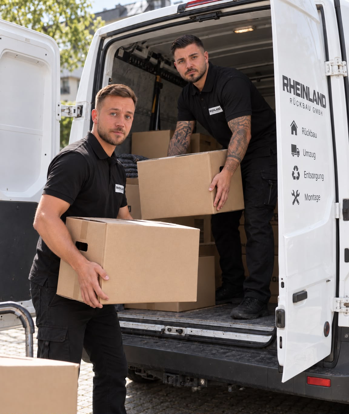 Zwei Mitarbeiter mit Kartons am beschrifteten Firmen-Transporter